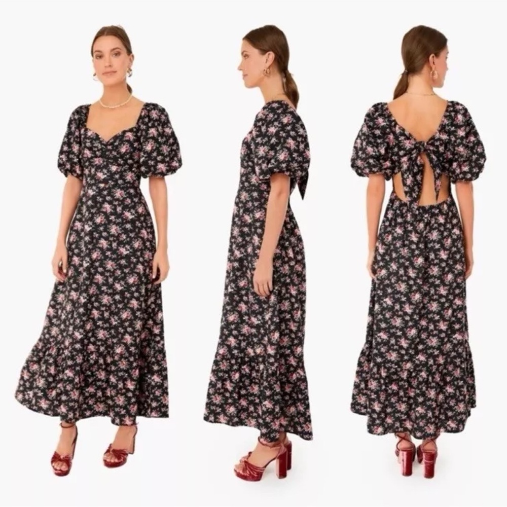 Hyacinth House Tuckernuck Black Floral Seaport Maxi Dress Size XL Puff Sleeve